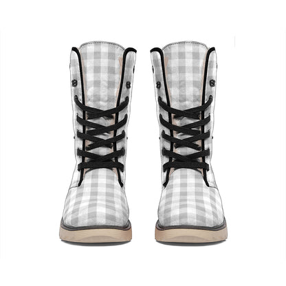 Grey And White Check Pattern Print Winter Boots