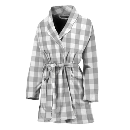 Grey And White Check Pattern Print Women's Bathrobe