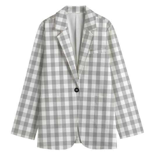 Grey And White Check Pattern Print Women's Blazer