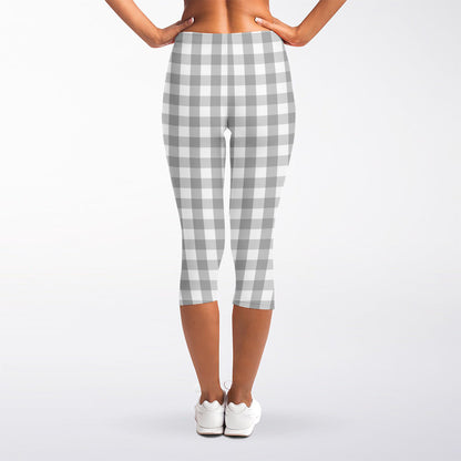 Grey And White Check Pattern Print Women's Capri Leggings