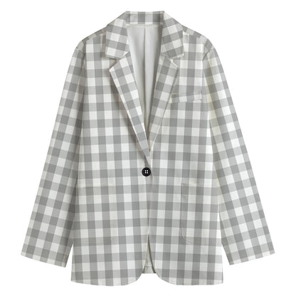 Grey And White Check Pattern Print Women's Cotton Blazer