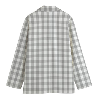 Grey And White Check Pattern Print Women's Cotton Blazer