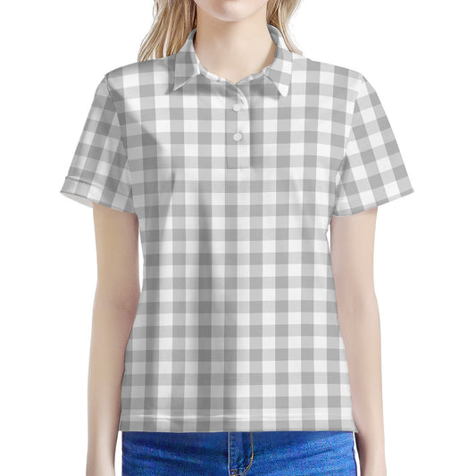 Grey And White Check Pattern Print Women's Polo Shirt
