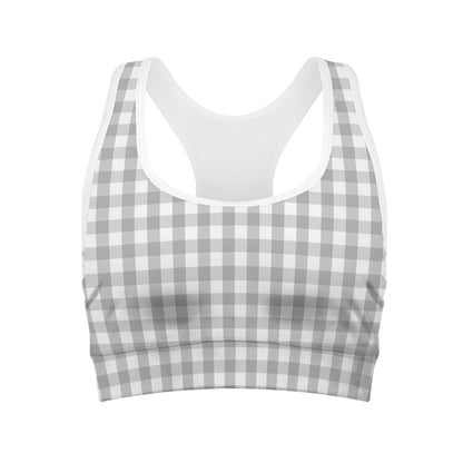 Grey And White Check Pattern Print Women's Sports Bra