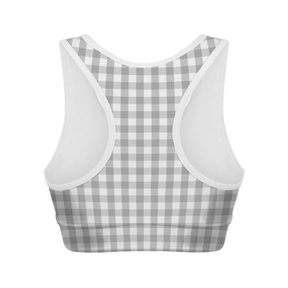 Grey And White Check Pattern Print Women's Sports Bra