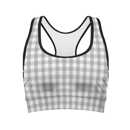 Grey And White Check Pattern Print Women's Sports Bra