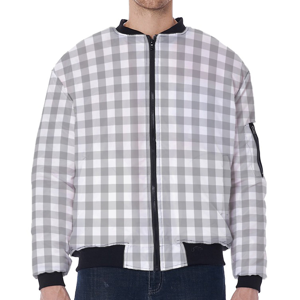 Grey And White Check Pattern Print Zip Sleeve Bomber Jacket