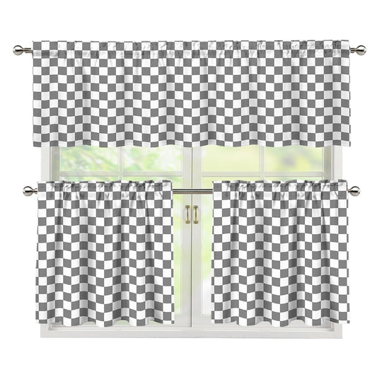 Grey And White Checkered Pattern Print 3 Piece Kitchen Curtains
