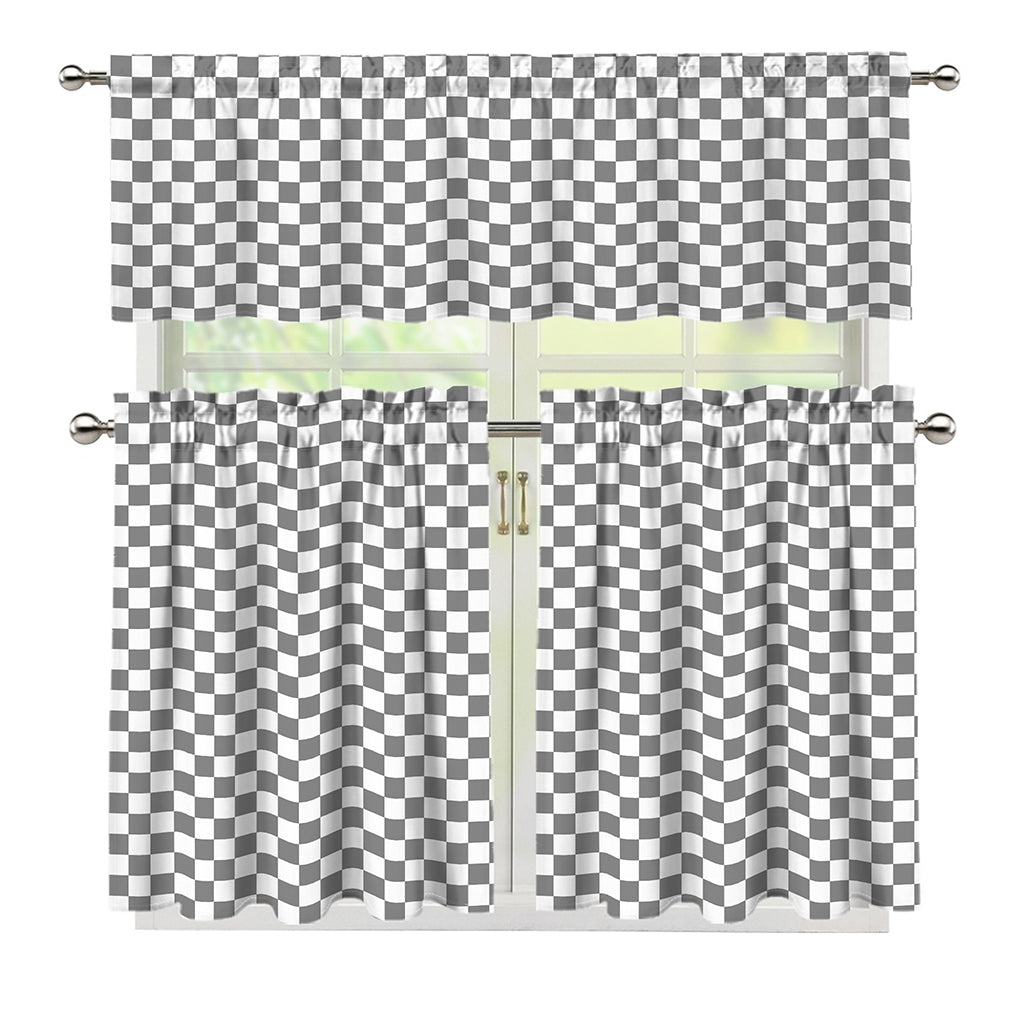 Grey And White Checkered Pattern Print 3 Piece Kitchen Curtains