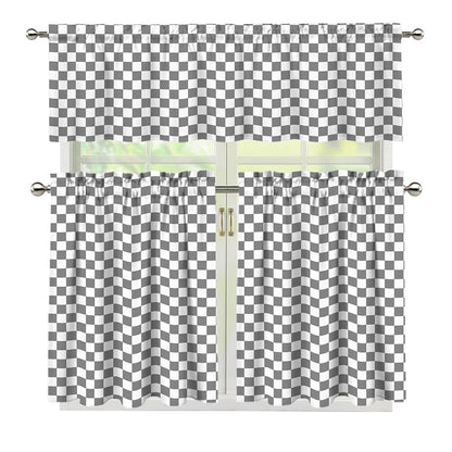 Grey And White Checkered Pattern Print 3 Piece Kitchen Curtains