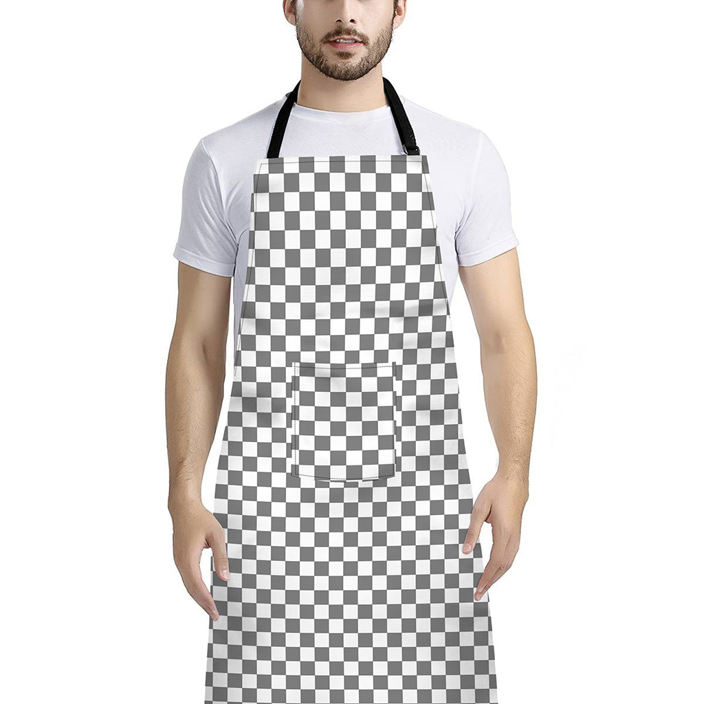 Grey And White Checkered Pattern Print Bib Apron With Pocket