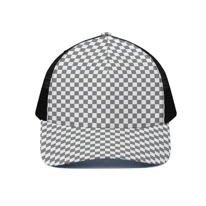 Grey And White Checkered Pattern Print Black Mesh Trucker Cap
