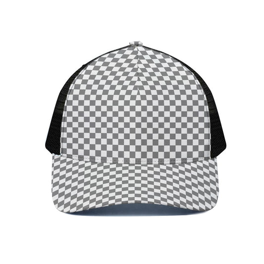 Grey And White Checkered Pattern Print Black Mesh Trucker Cap