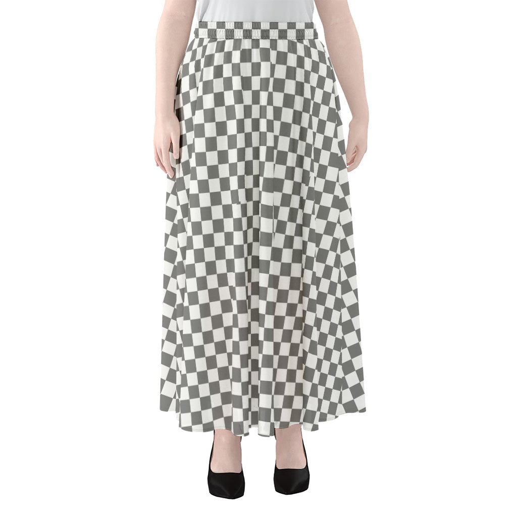 Grey And White Checkered Pattern Print Chiffon Maxi Skirt