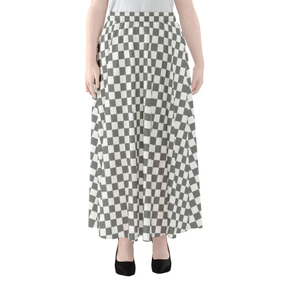 Grey And White Checkered Pattern Print Chiffon Maxi Skirt