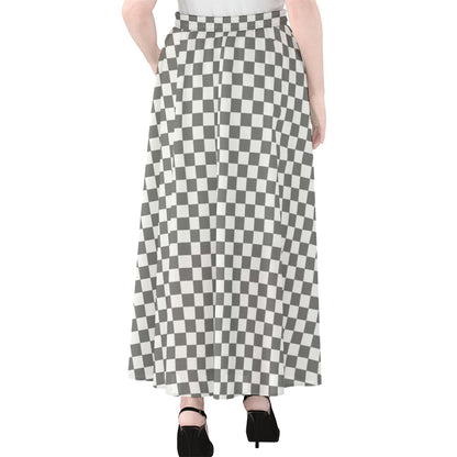 Grey And White Checkered Pattern Print Chiffon Maxi Skirt