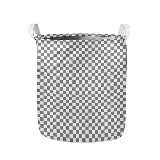 Grey And White Checkered Pattern Print Collapsible Laundry Basket