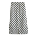 Grey And White Checkered Pattern Print Cotton Front Slit Maxi Skirt