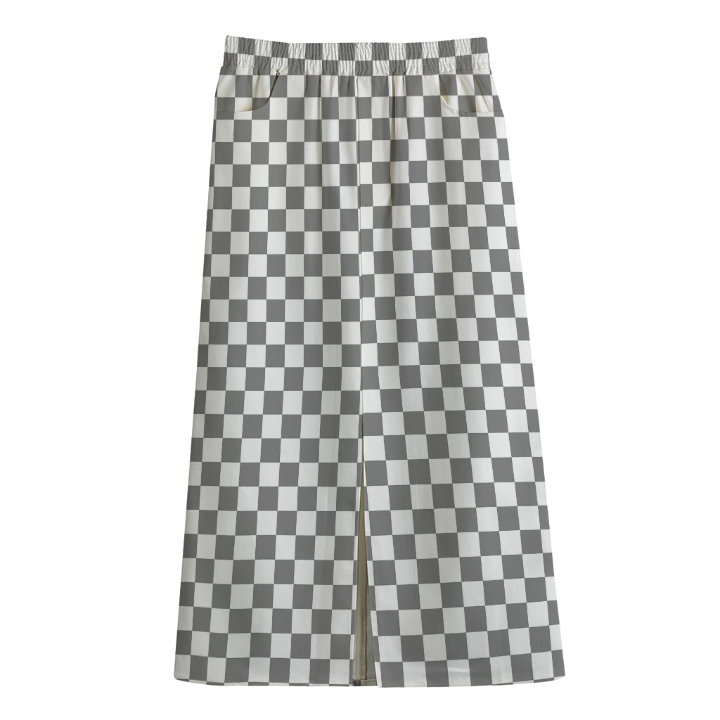 Grey And White Checkered Pattern Print Cotton Front Slit Maxi Skirt