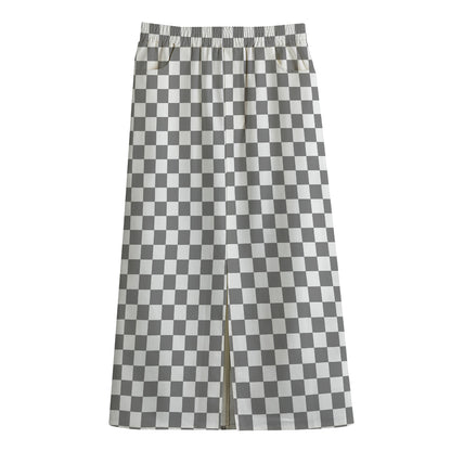 Grey And White Checkered Pattern Print Cotton Front Slit Maxi Skirt
