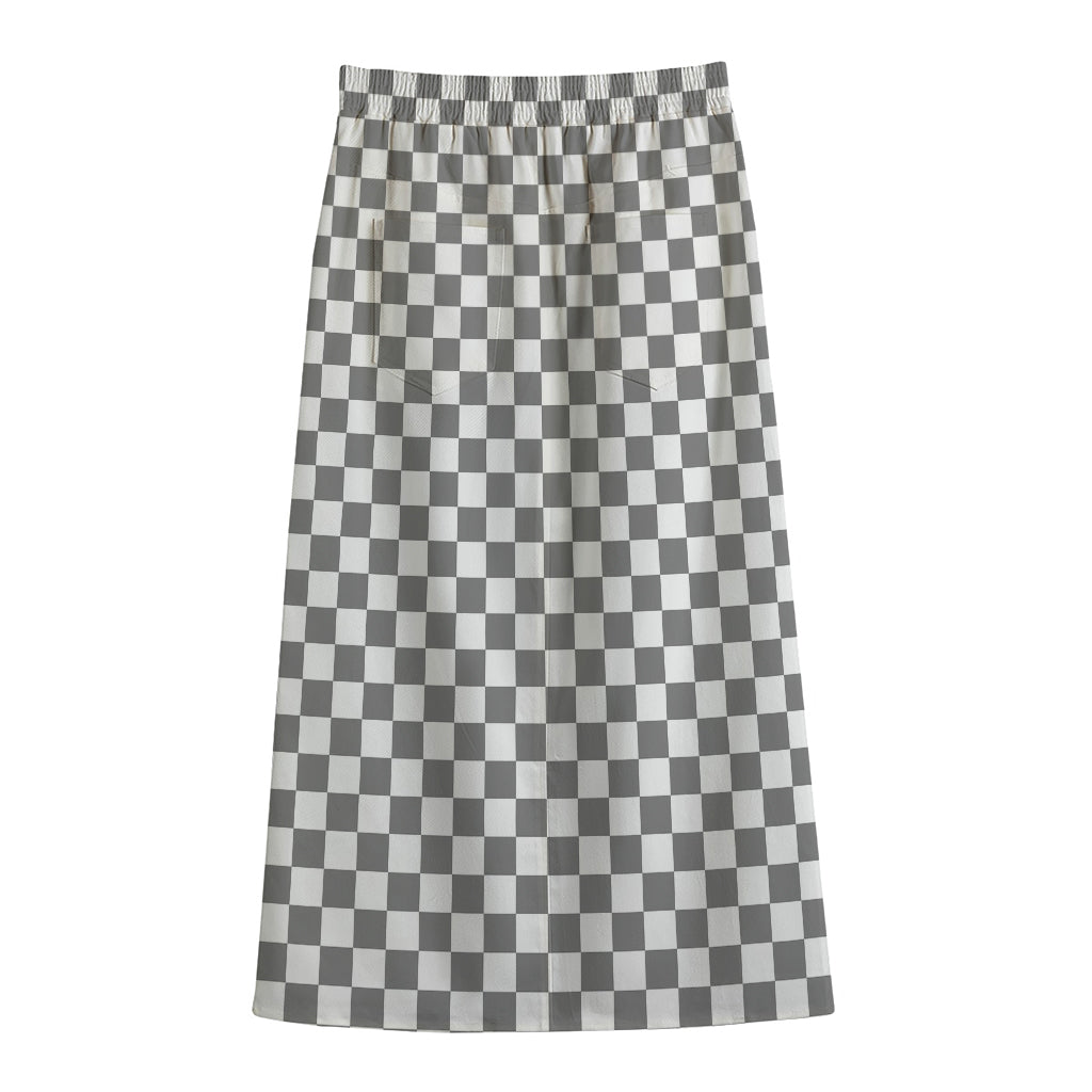 Grey And White Checkered Pattern Print Cotton Front Slit Maxi Skirt