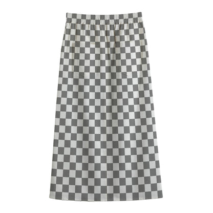 Grey And White Checkered Pattern Print Cotton Front Slit Maxi Skirt