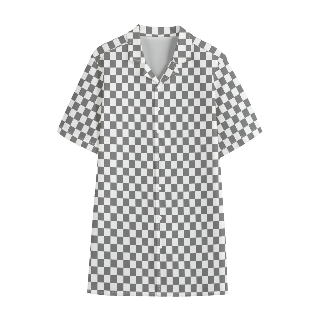 Grey And White Checkered Pattern Print Cotton Hawaiian Shirt