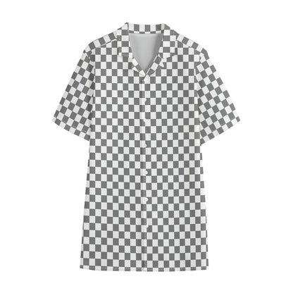 Grey And White Checkered Pattern Print Cotton Hawaiian Shirt