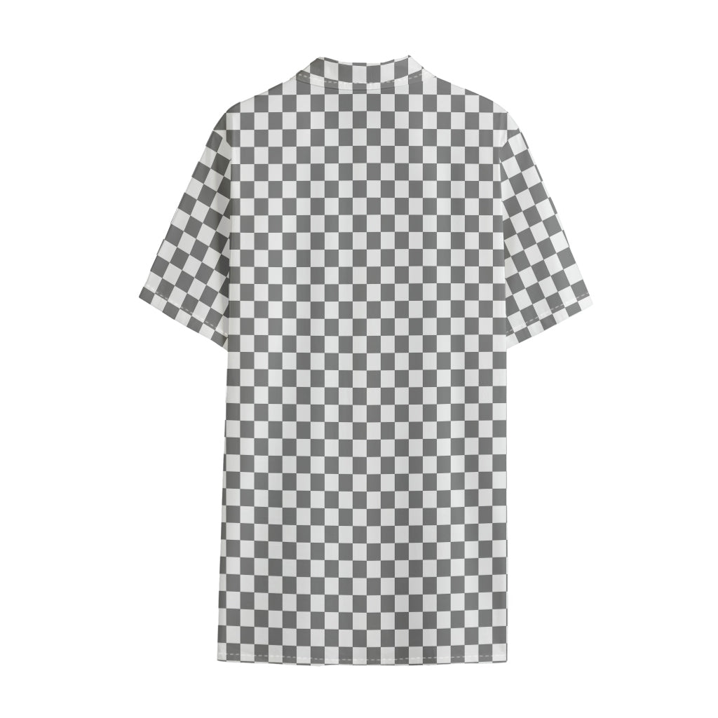 Grey And White Checkered Pattern Print Cotton Hawaiian Shirt