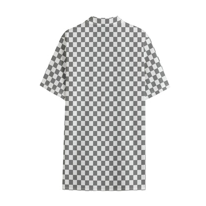 Grey And White Checkered Pattern Print Cotton Hawaiian Shirt