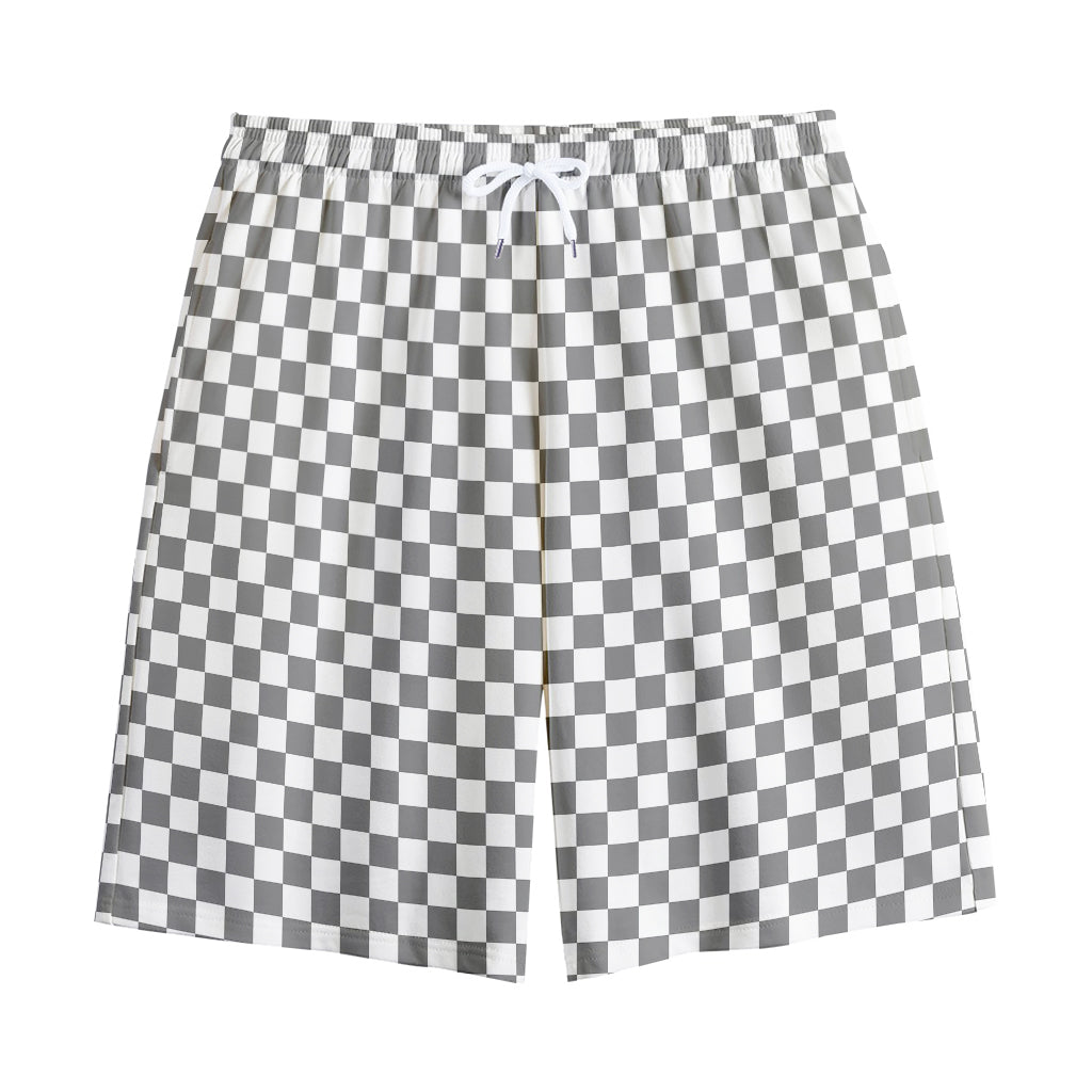 Grey And White Checkered Pattern Print Cotton Shorts