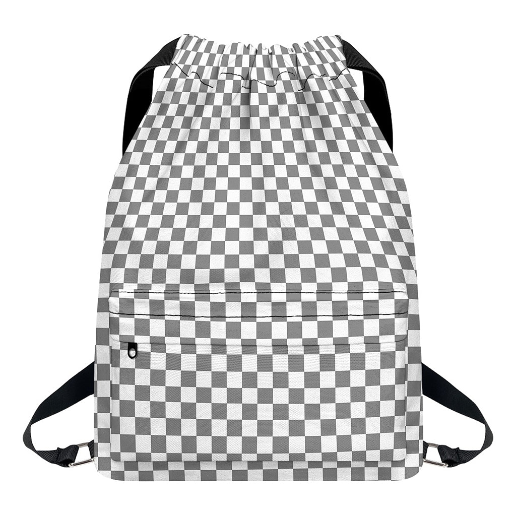 Grey And White Checkered Pattern Print Drawstring Backpack