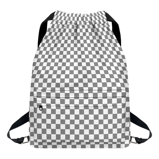 Grey And White Checkered Pattern Print Drawstring Backpack