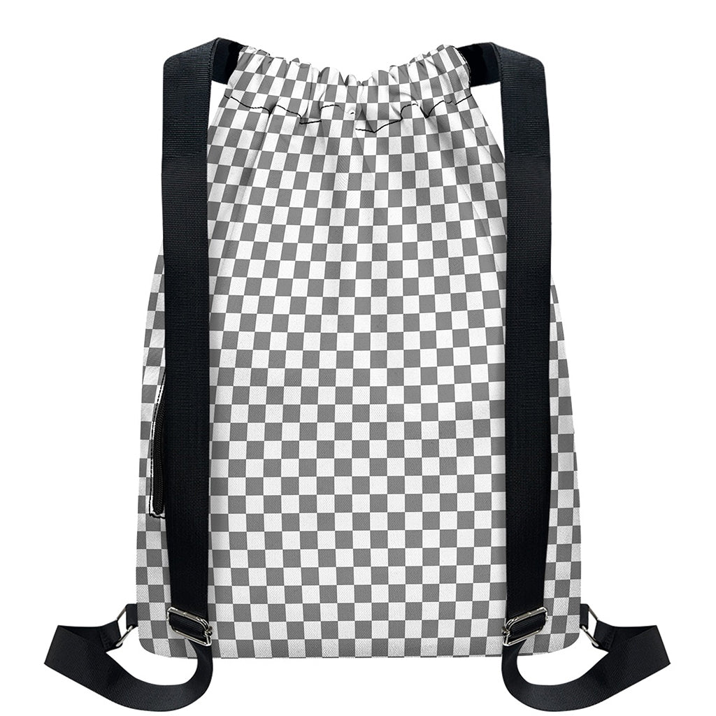 Grey And White Checkered Pattern Print Drawstring Backpack
