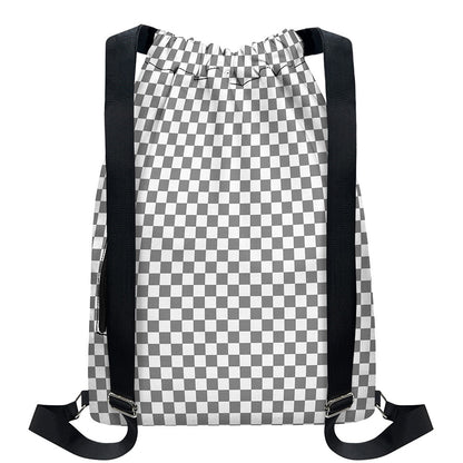 Grey And White Checkered Pattern Print Drawstring Backpack