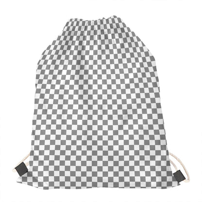 Grey And White Checkered Pattern Print Drawstring Bag