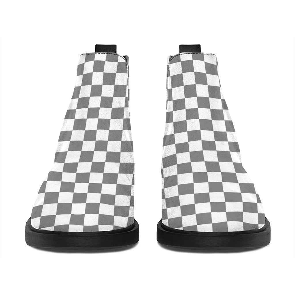 Grey And White Checkered Pattern Print Flat Ankle Boots
