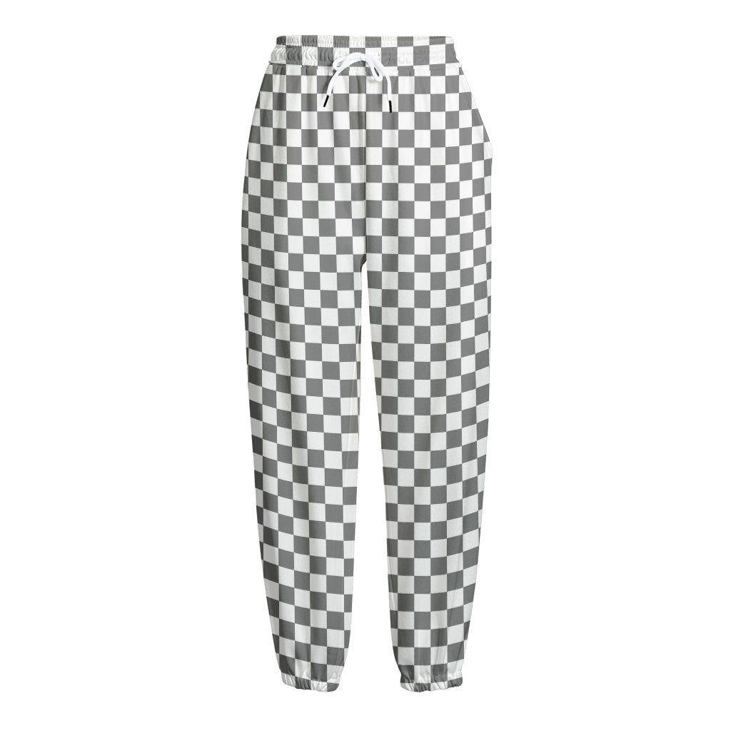 Grey And White Checkered Pattern Print Fleece Lined Knit Pants