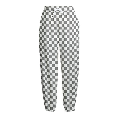 Grey And White Checkered Pattern Print Fleece Lined Knit Pants
