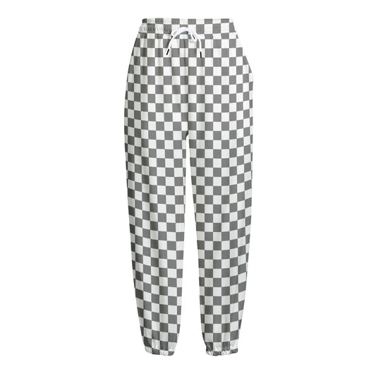 Grey And White Checkered Pattern Print Fleece Lined Knit Pants