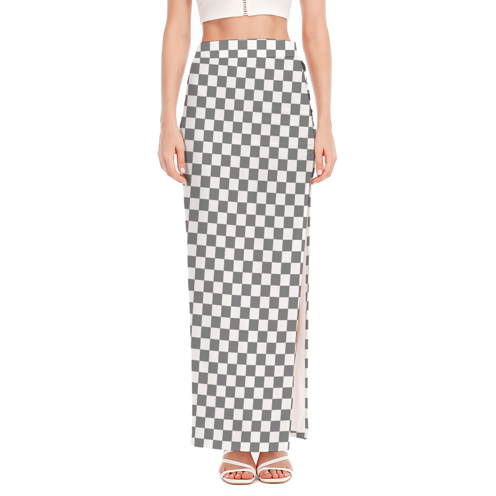 Grey And White Checkered Pattern Print High Slit Maxi Skirt
