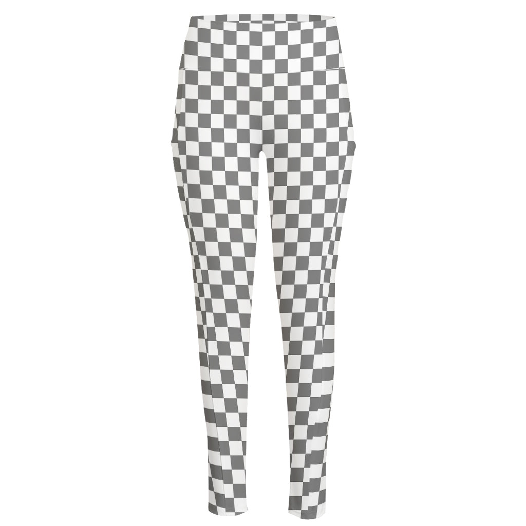 Grey And White Checkered Pattern Print High-Waisted Pocket Leggings