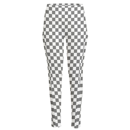 Grey And White Checkered Pattern Print High-Waisted Pocket Leggings