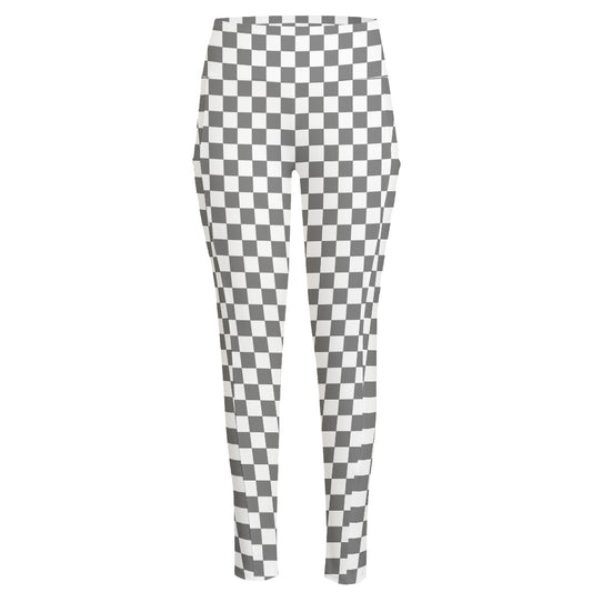 Grey And White Checkered Pattern Print High-Waisted Pocket Leggings
