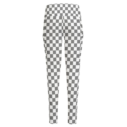 Grey And White Checkered Pattern Print High-Waisted Pocket Leggings