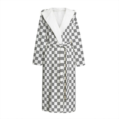 Grey And White Checkered Pattern Print Hooded Bathrobe