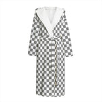 Grey And White Checkered Pattern Print Hooded Bathrobe