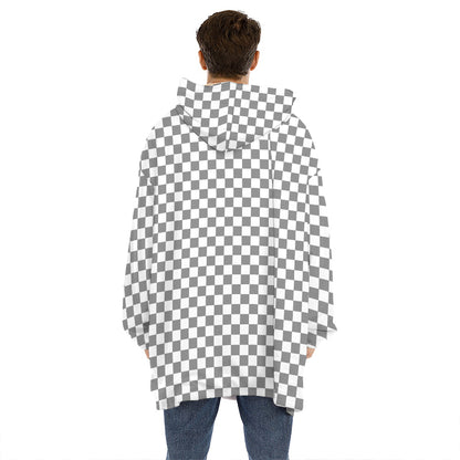 Grey And White Checkered Pattern Print Hoodie Blanket