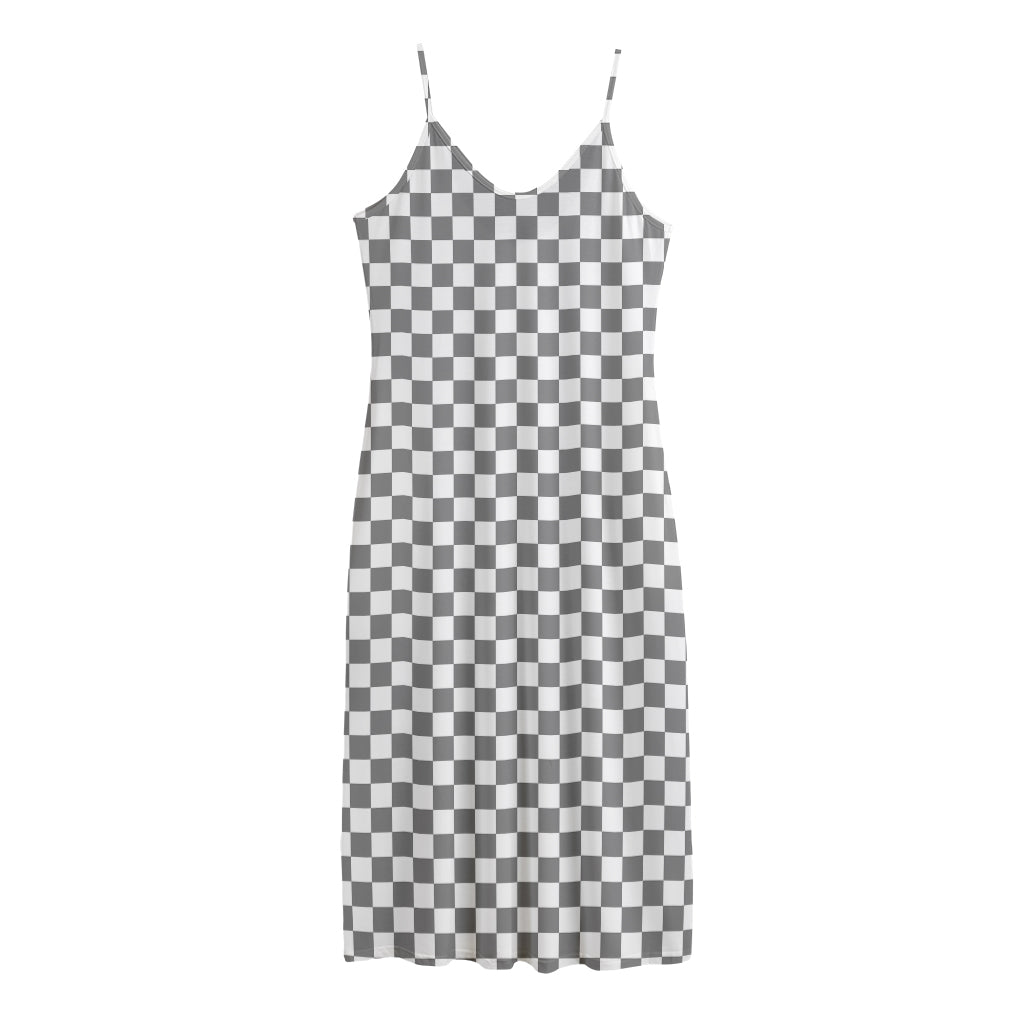 Grey And White Checkered Pattern Print Jersey Midi Cami Dress