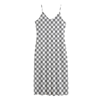 Grey And White Checkered Pattern Print Jersey Midi Cami Dress